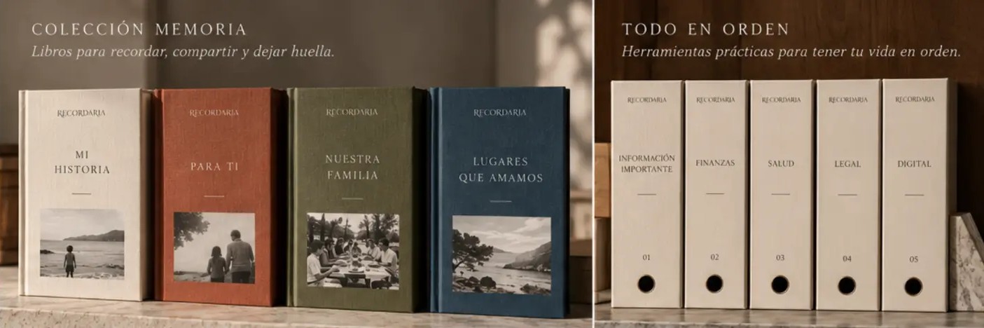 Fila de libros de la Colección Memoria en crema, terracota, verde oliva y azul, junto a cinco archivadores Plan A